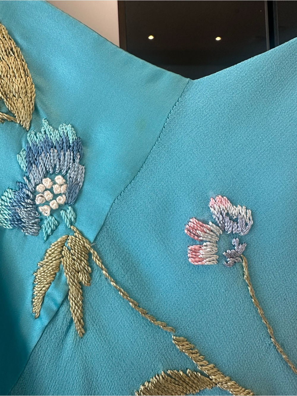 Sue Wong Silk Turquoise Y2K Ruched Floral Embroidered Asymmetrical Dress- Size 8 - Picture 13 of 14